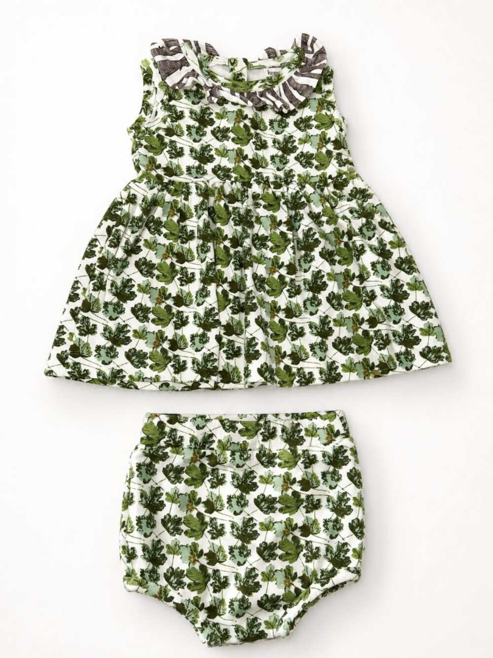 Kate Quinn 12-18M Organic Cotton Green Leaves Ruffle Collar Dress + Bloomer Set